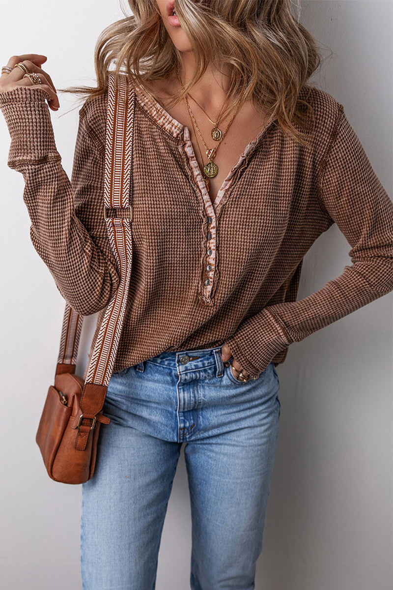 Aiertu  -Casual Plaid Buttons Patchwork V Neck Tops(3 Colors) aiertu