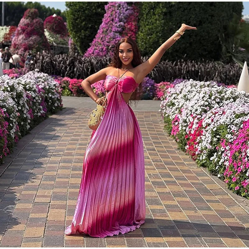 Aiertu  -  Rainbow Halter Pleated Suspender Large Swing Women Dress Summer Beach Backless Slim Dresses 2025 Summer Vacation Chic Lady Robe Aiertu