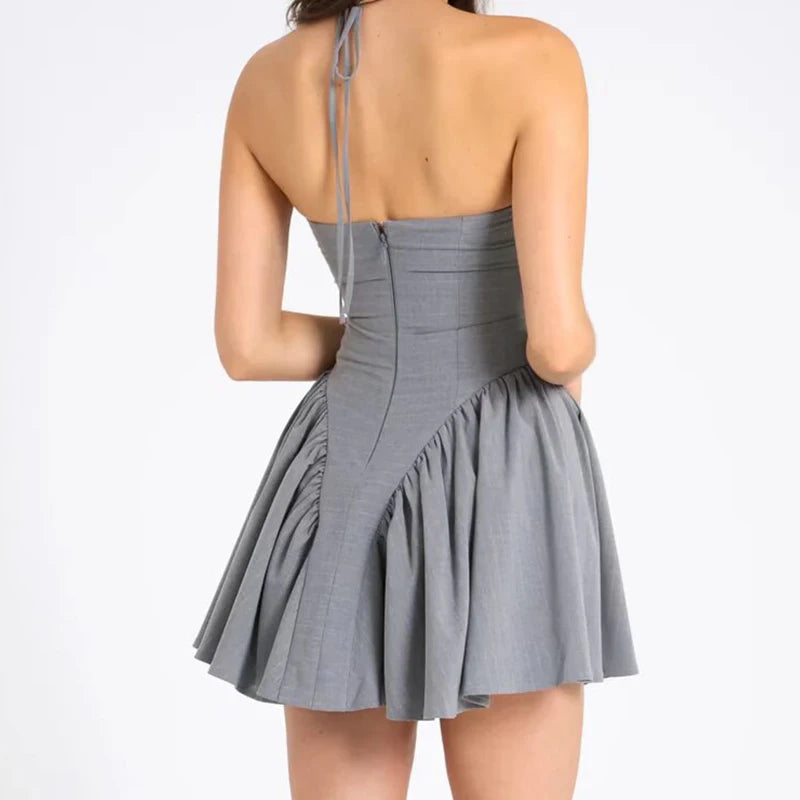 Aiertu  -  Sexy Backless Gray Striped Halter Mini Dress Women Front Button Low Waist Fit And Flare Slim Dress Summer Robe New 2025 Aiertu