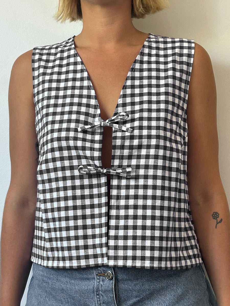 Aiertu  -  Women Y2k Gingham Tie front Tank Top Sleeveless V-Neck Open front Vest Crop Top Aesthetic Vintage Summer Cami Shirt Streetwear Aiertu