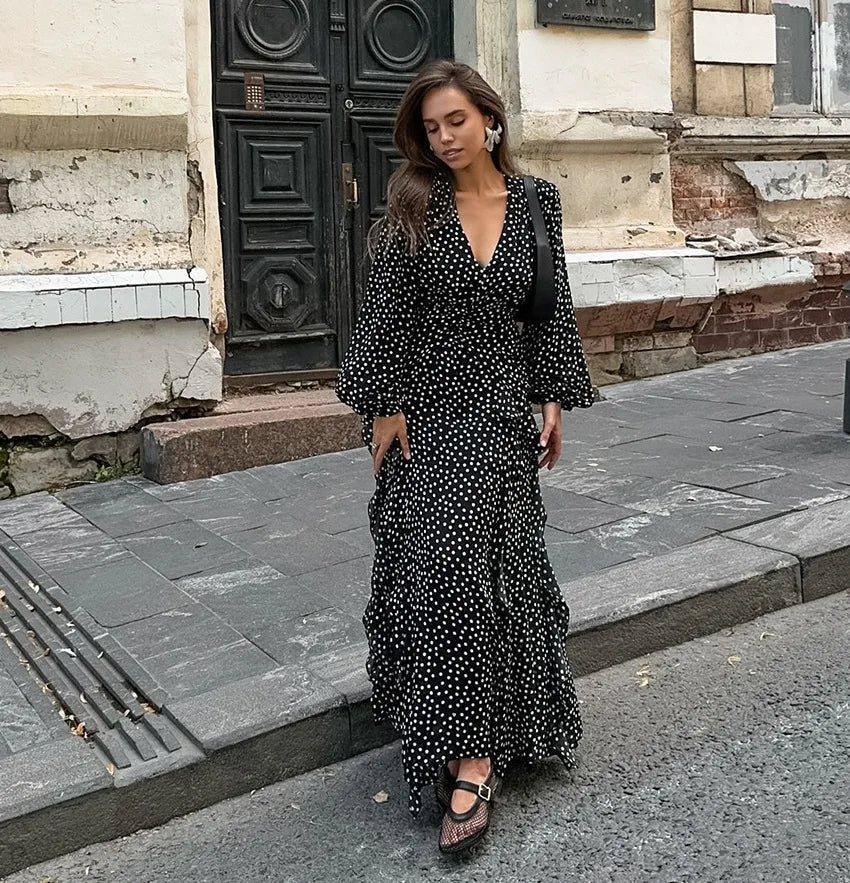 Aiertu  -  Dots Print Long Dresses Women Sexy V Neck Puff Sleeve Ruffle Maxi Dress Summer Elegant Casual Fashion A-line Vestidos New Aiertu