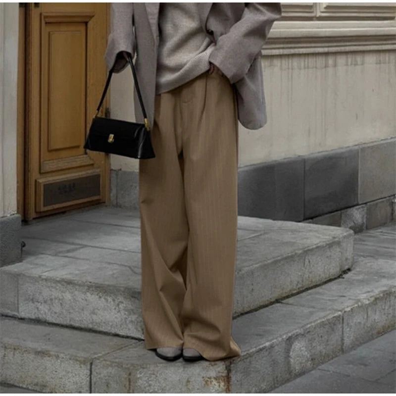 Aiertu  -  Commute Striped Pants Women High Waist Wide Leg Floor-length With Belt Pants Female 2025 Spring Summer Chic Street Lady Trousers Aiertu