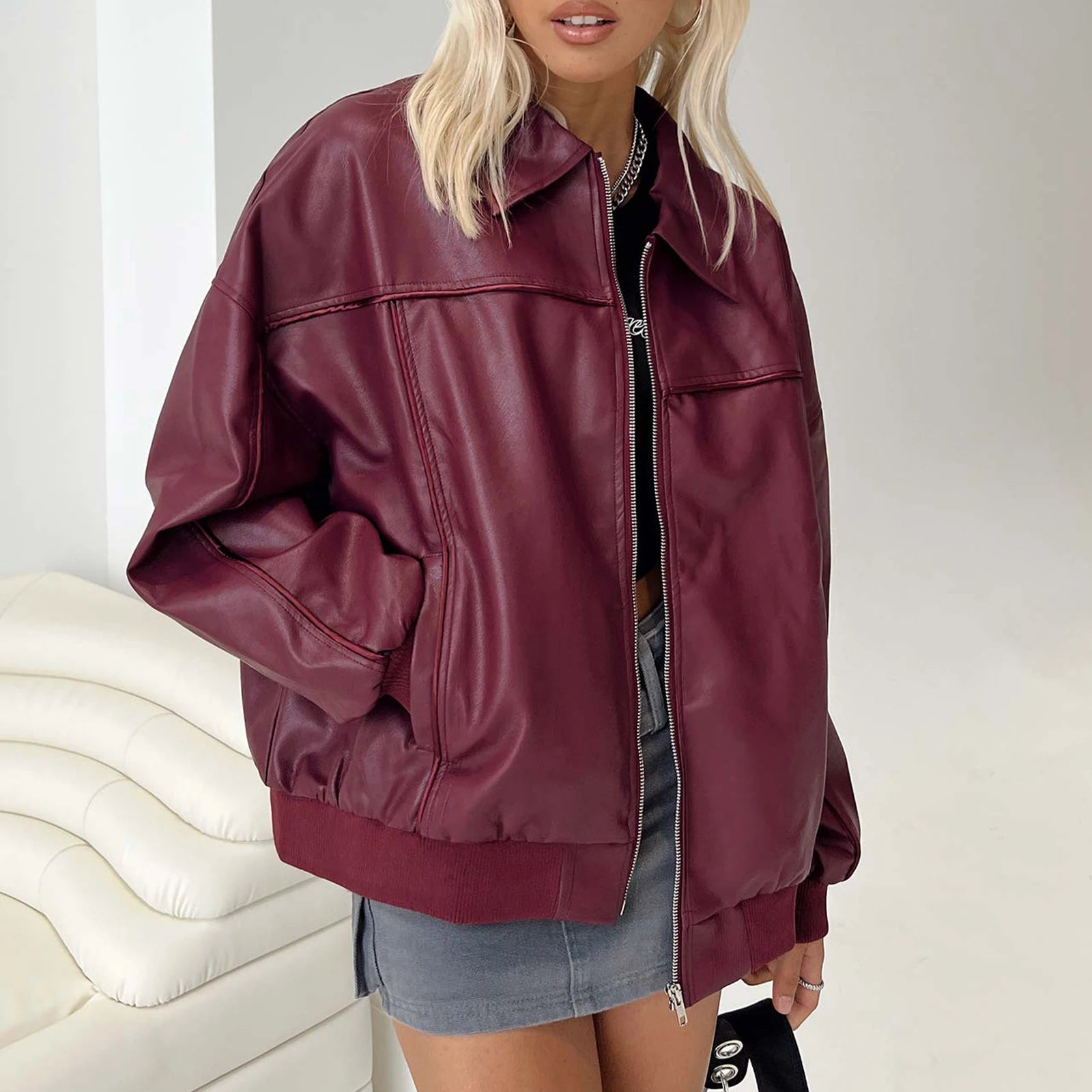 Aiertu  -  Women Y2k Oversized Faux Leather Jackets Lapel Collar Zip Up Motorcycle Coats Fall Fashion Leather Bomber Jacket Aiertu