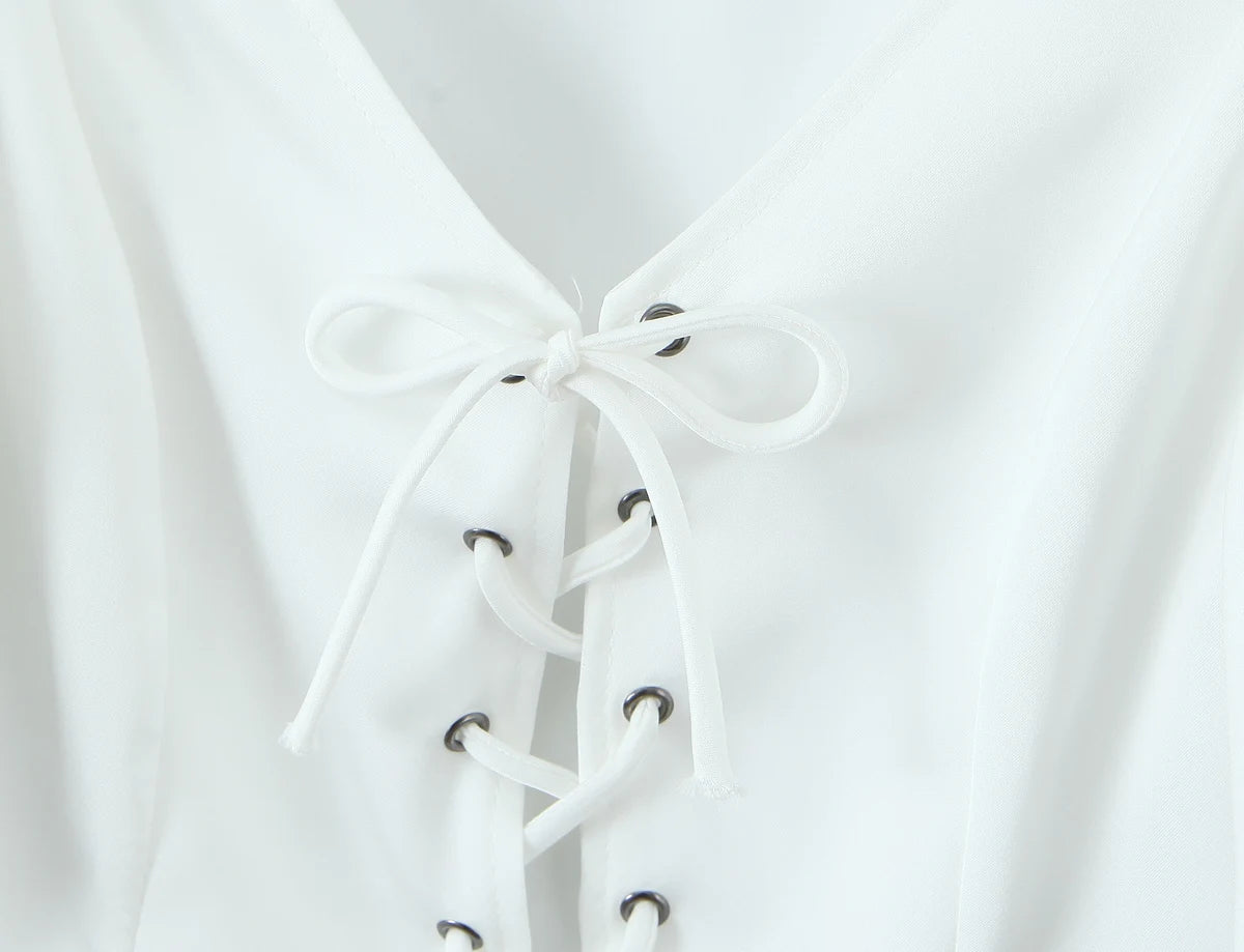 Aiertu  -  Summer eyelets Cross Lacing Up Bow Front Short Lantern Sleeve Shirt + Low Waist Package Hips Ruffles Hem Mini Skirt Sets Aiertu
