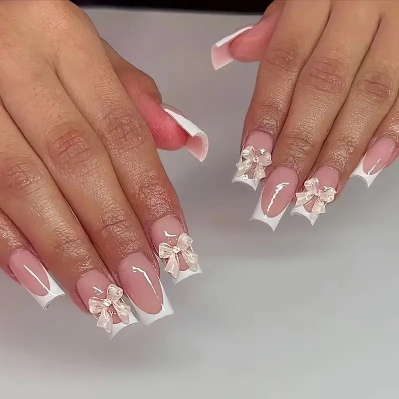 Aiertu Pink French Style Fake Nails 3D Bowknot Designs Short Square Press on Nails Sweet Korean Fashion False Nails for Women and Girls Aiertu