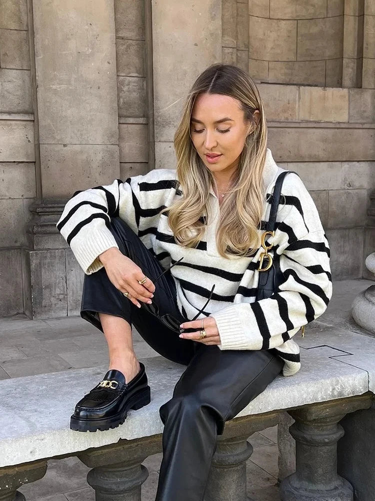 Aiertu  -  Knitted Striped Pullovers Women Casual Basic Winter Sweater Jumper Turn Down Collar Loose Vintage Sweater Sueter Mujer Aiertu