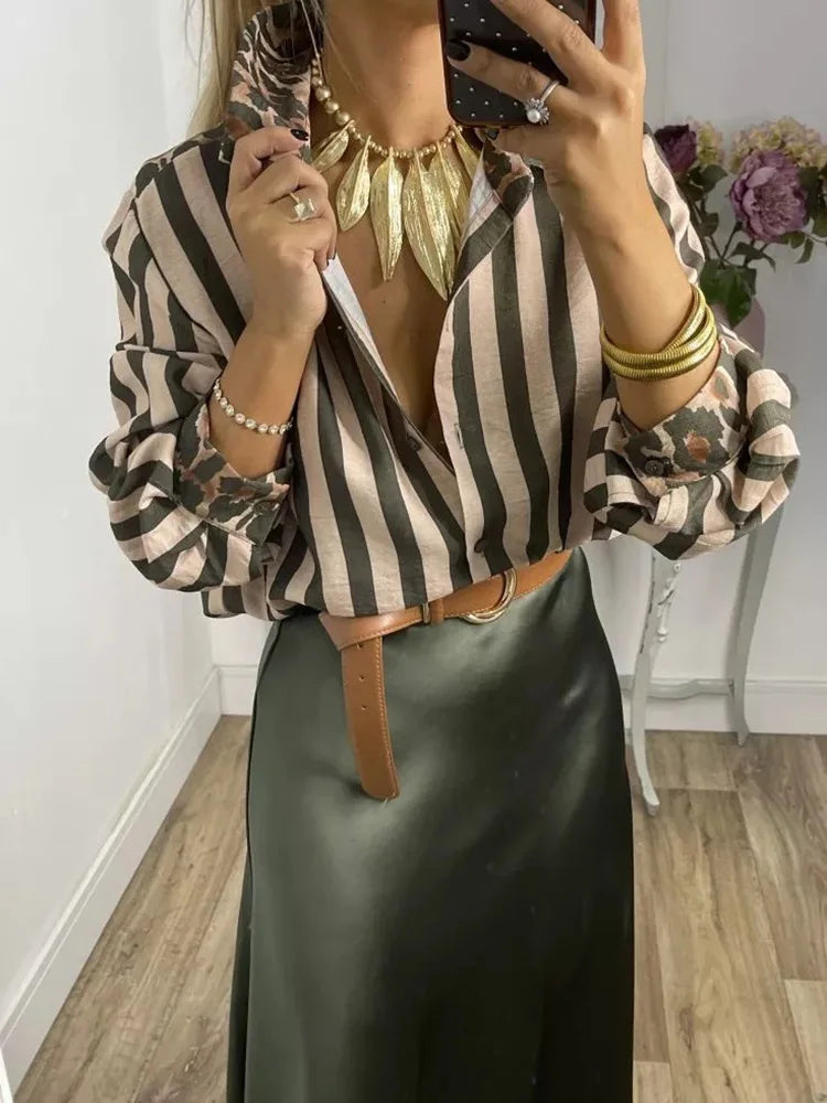 PICSGIRL  -  Autumn Winter Loose Patchwork Simple Top, Women Single-Breasted Fashion Blouses, Long Sleeve Striped Ladies Cardigan Shirts Aiertu