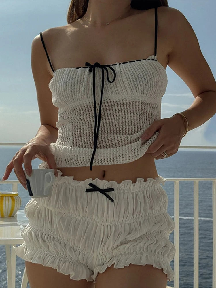 Aiertu  -  Summer Matching Sweat 2 Piece Sets Sexy Fashion Lace Up Knitted Camis+Shirring Stretch Mini Shorts Female Trend Outfits Aiertu