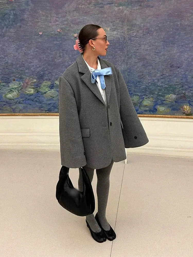 Aiertu  -  Fashion Gray Lapel Blazer Coat Women's Oversized Long Sleeves Pocket Loose Suit Jacket New Casual Office Lady Wool Outerwear Aiertu