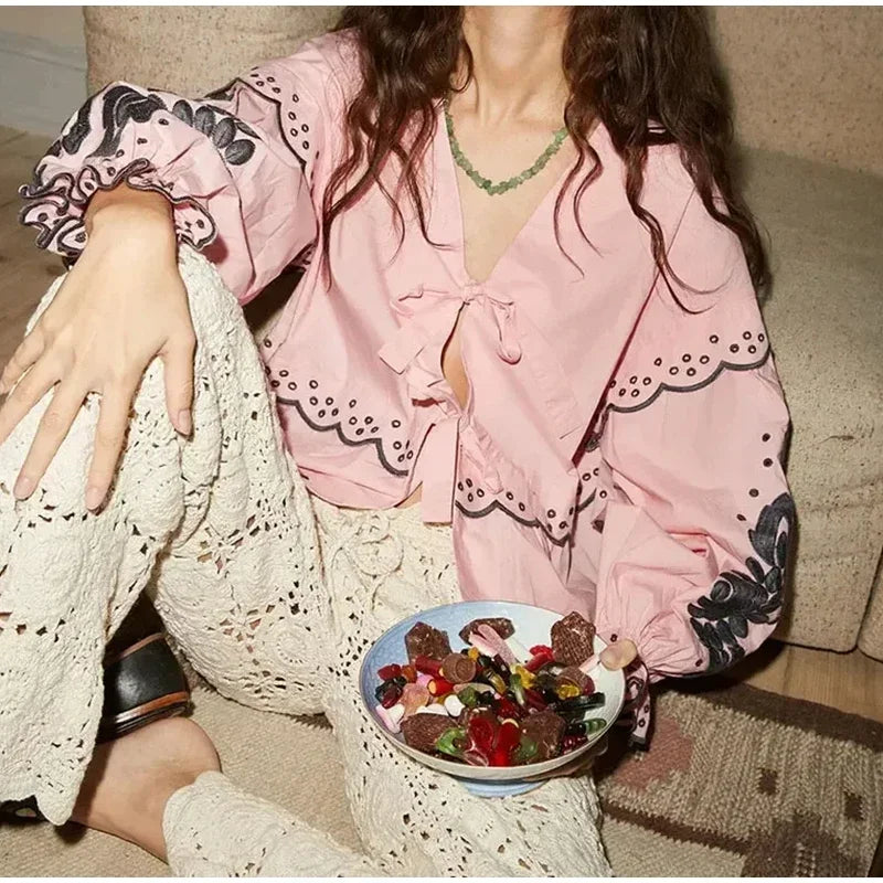 Aiertu  -  Casual Lace Up Women Embroidery Blouse V-neck Lantern Sleeve Blouse Wave Cut Eyelet Female Tops 2026 Spring Fashion Female Tops Aiertu