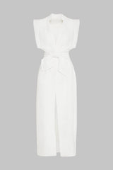 Aiertu  Linen Flutter Sleeve V-Neck Tie Front Slit Maxi Dress Aiertu