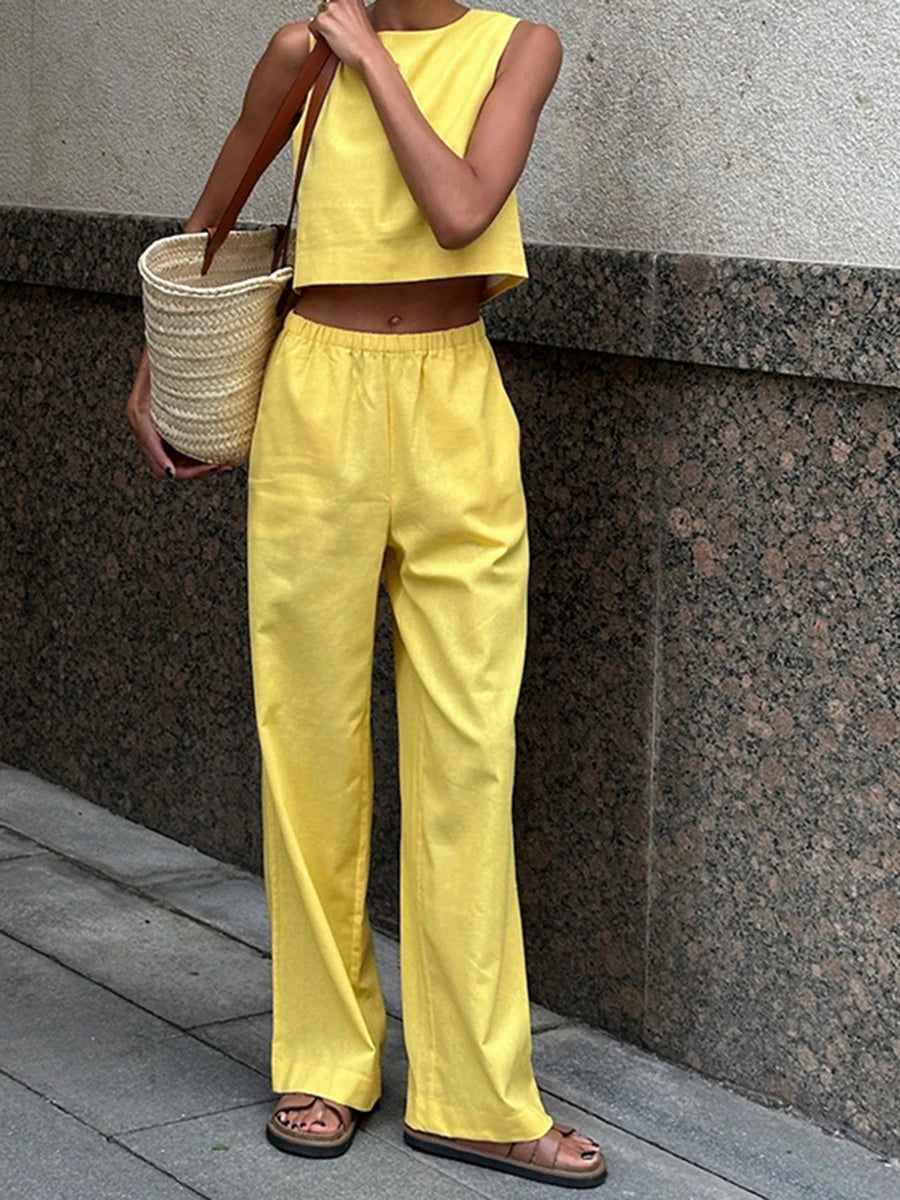Aiertu  -  Solid Tank Tops Two-piece Set Summer New O Neck Sleeveless Cropped Top+Wide Leg Trouser Suits Simple Casual Chic Pants Sets 2025 Aiertu