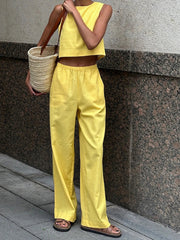 Aiertu  -  Solid Tank Tops Two-piece Set Summer New O Neck Sleeveless Cropped Top+Wide Leg Trouser Suits Simple Casual Chic Pants Sets 2025 Aiertu
