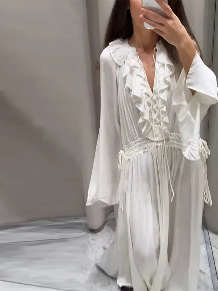 Aiertu  -  Lace Ruffled Women Dress V-Neck Side Straps Flared Sleeves Large Swing Elastic Waist Cinched Pleated Lace Up Loose Long Dresses Aiertu