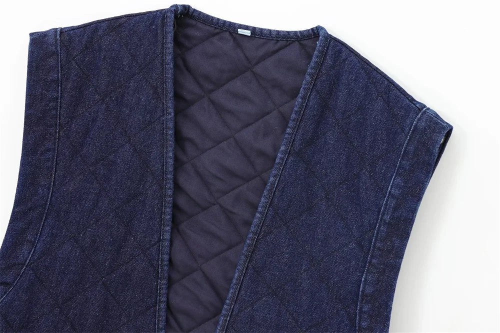 Aiertu  -  Casual Solid Denim Cotton Vest for Women 2024 Autumn Winter V-Neck Sleeveless Short Tops Female Waistcoat Streetwear Aiertu