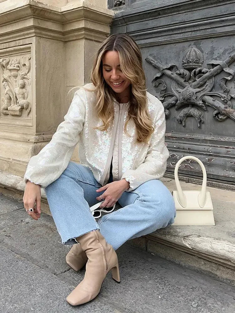Aiertu  -  Shinny Sequins Loose Short Jacket Women Elegant O Neck Long Sleeve Zipper Cropped Coat Autumn Chic Lady Commuting Street Outwear Aiertu