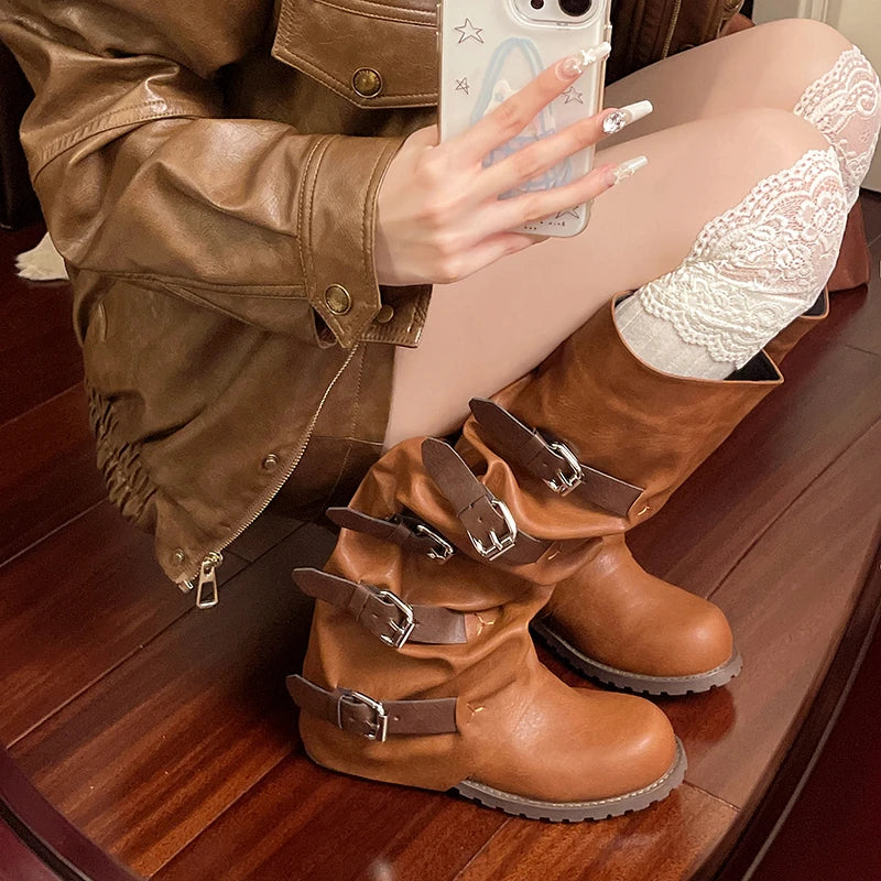 Aiertu    -  Women Knee-high Boots Summer Shoes Woman Knight Boots Woman Designer Buckle Chelsea Long Botas Pu Leather Motorcycle Shoes Aiertu