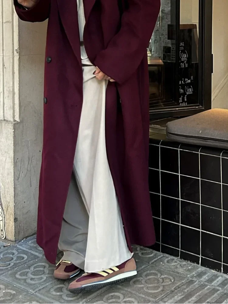 Aiertu     -  Fall Outfits 2026 Women Burgundy Red Padded Shoulder Coats Fashion Double Breasted Casual Lapel Outerwear New Autumn Winter Female Street Overcoat Aiertu