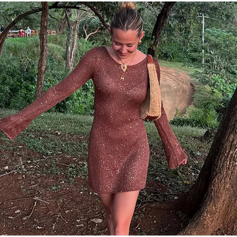 Aiertu  -  Sexy Knitted Off Shoulder Short Dress Women Glitter Long Sleeve Female Vacation Dresses 2025 Spring Summer Lady Beach Party Robe Aiertu