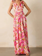 Aiertu  -  Elegant Maxi Dress with Boho Floral Print Stylish V-Neckline and Chic Tie-Up Shoulder Detail Perfect for Summer Casual Wear Aiertu