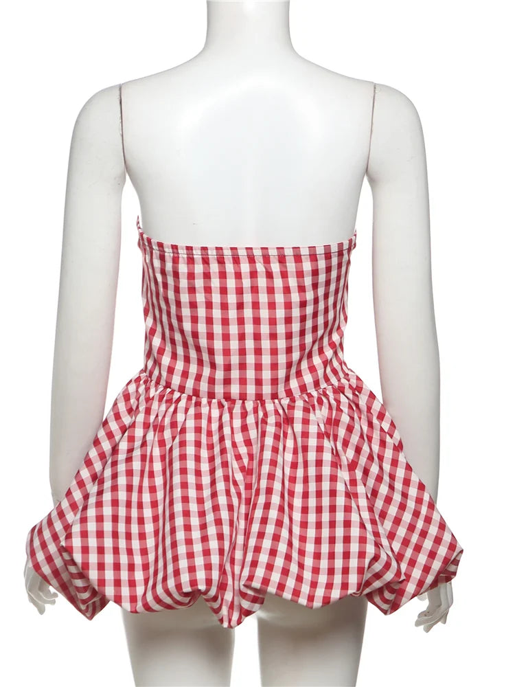 Aiertu  -  Print Red White Checkered Chest Wrap Pleated Fluffy Hem Sleeveless Backless Vacation Versatile Beach Party Trend Tops Aiertu