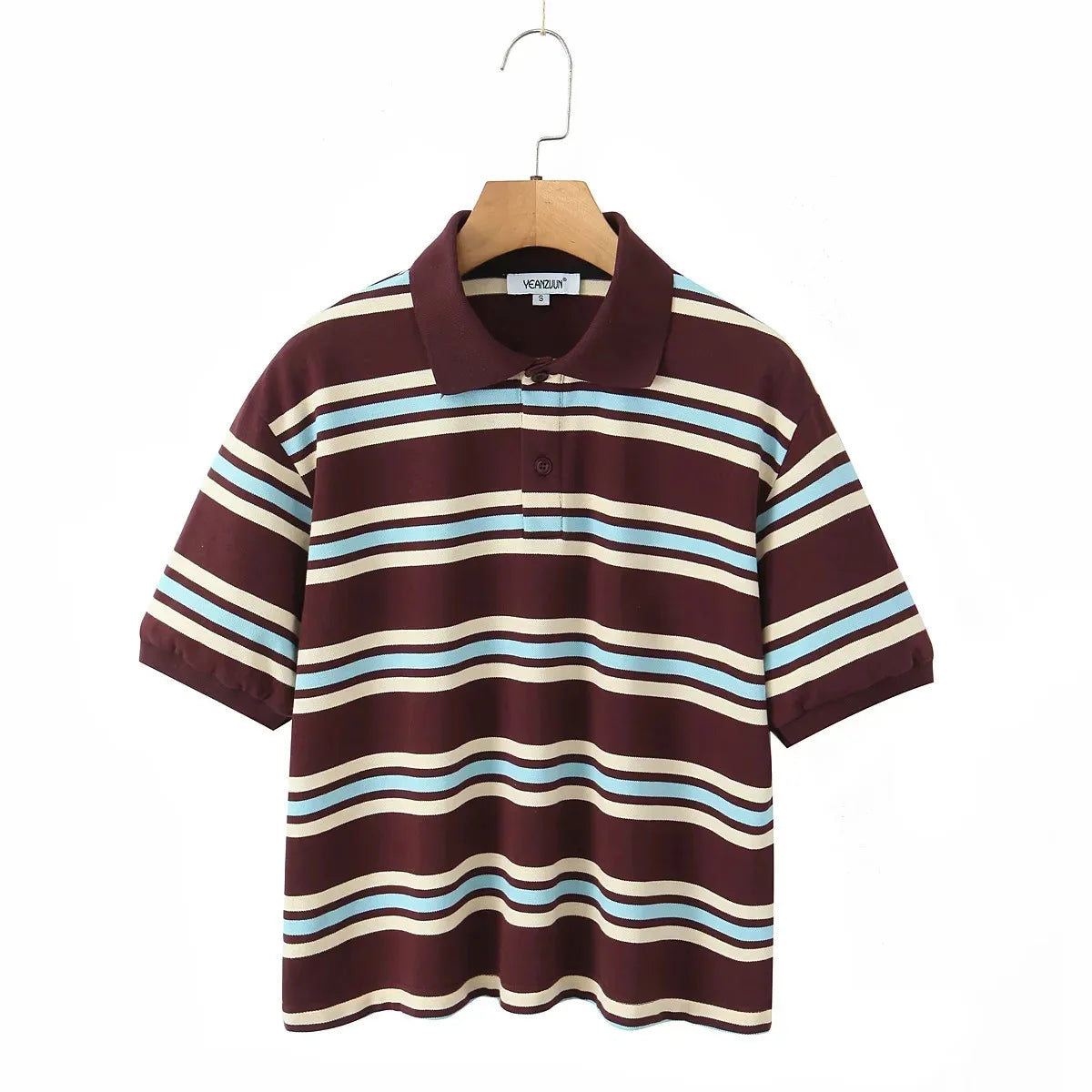 Aiertu  -  Striped Contrast Short Sleeve T-shirt Women Buttons Turndown Collar Tee Shirt Spring New Streetwear Vintage Chic Top Tees 2025 Aiertu