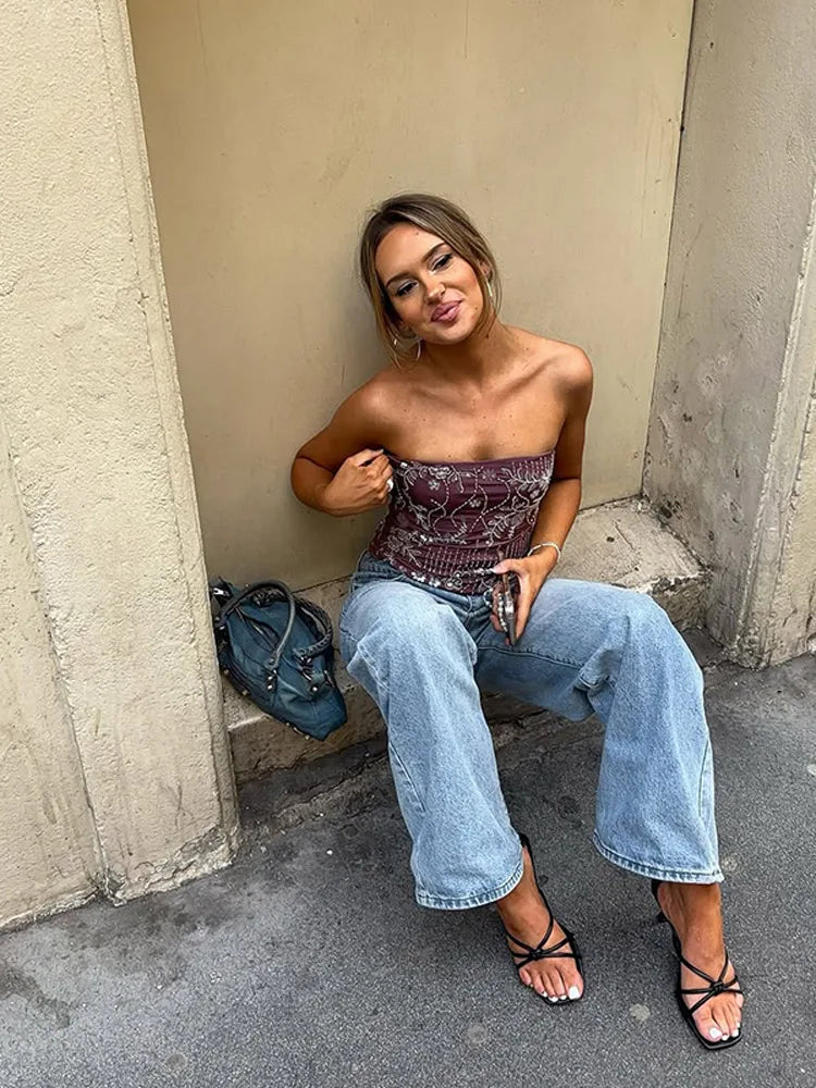 Aiertu  -  Beaded Sequined Strapless Vest Top Embroidery Slim Fit Off Shoulder Sexy Backless Crop Women Short Blouse Tank Lady Waistcoat Aiertu