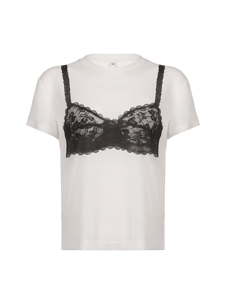 Aiertu - summer inspo Hot Black Lace Bra Print White Graphic T-Shirt Fashion Woman Blouse Tees O Neck Short Sleeve Casual Street Sweats Tops Aiertu