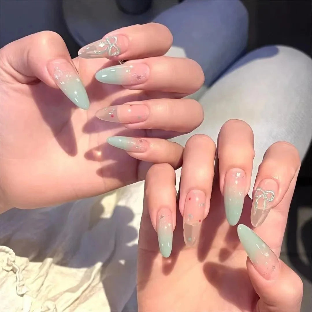 Aiertu  -  10PCS Summer Green Long Oval Handmade Press on Nail Gradient French with Bowknot Polka Dots Patterns Fake Nail Wearable Nail Tip Aiertu