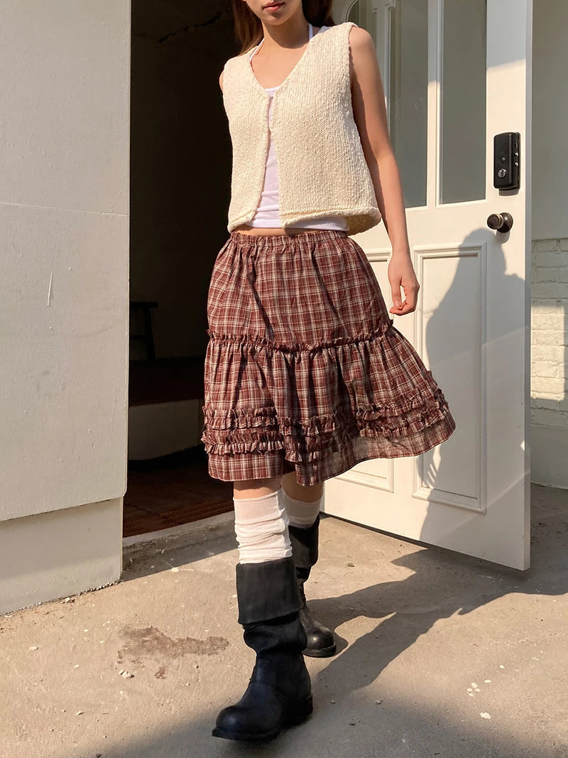 Aiertu  -  Vintage Plaid Mini Skirt Women Japanese Harajuku Ruffles Patchwork Black Skirts Summer High Waist Casual A Line Faldas New Aiertu