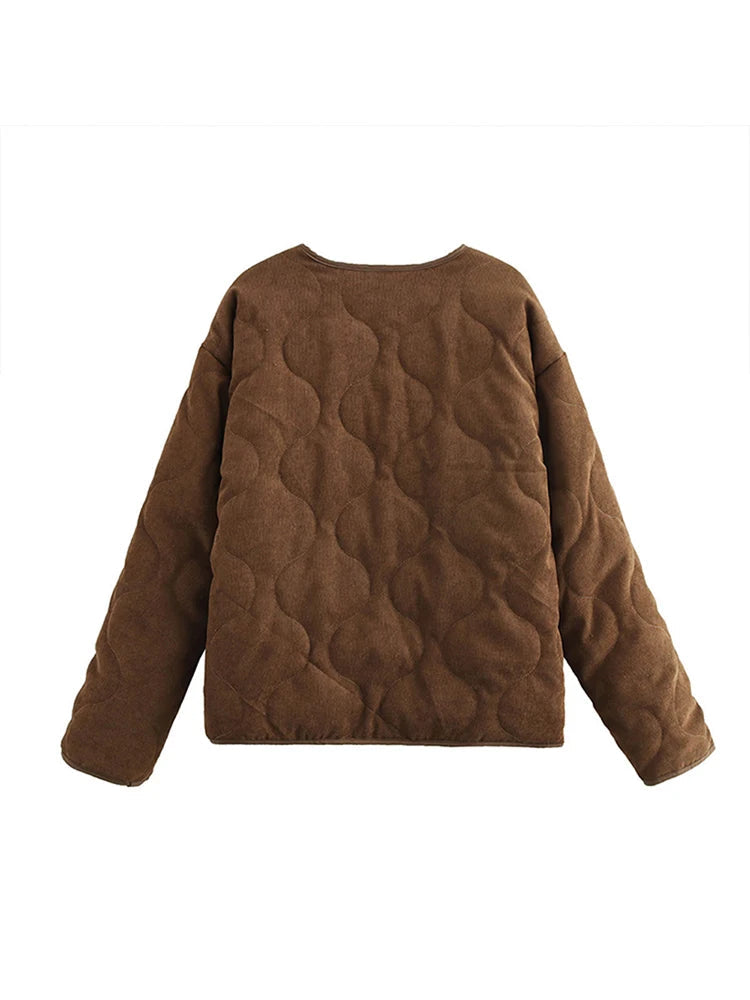 Aiertu  -  Vintage Cotton Jackets Women Casual Loose V Neck Lace Up Long Sleeves Coats Female 2024 Winter Hollow Out Solid Thick Outwears Aiertu