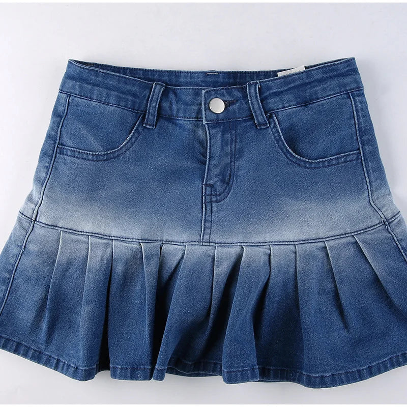 Aiertu  -  Fashion Denim Pleated Skirt Women High Waist Button Zipper Pocket Ruffle A-line Mini Skirts Female 2025 Spring Summer Lady Skirt Aiertu
