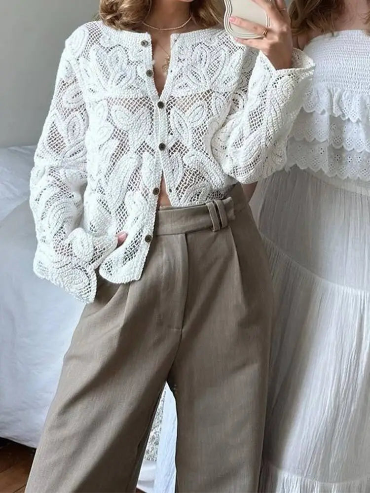 Aiertu  -  Elegant Floral Hollow Out Shirt For Women Single Button O Neck Long Sleeve Blouse Chic Fashion Female Commuting Streetwear Aiertu