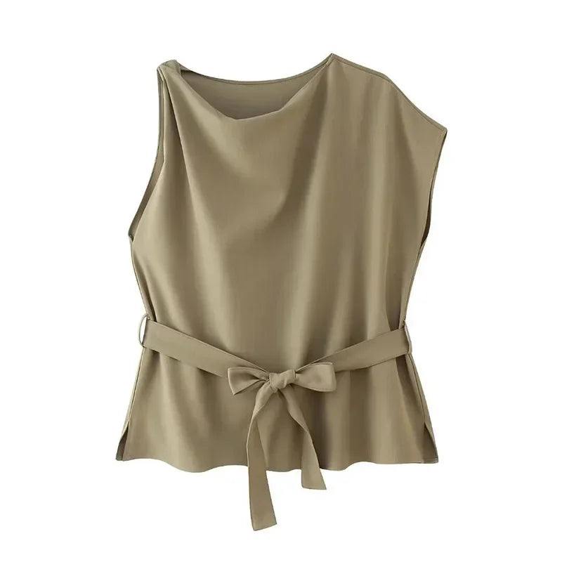 Aiertu  -  Linen Lace-up Belt Top Pants Set Women Irregular Sleeveless O-neck Tops Zipped Pocket Trousers 2026 Summer Lady Elegant Outfits Aiertu