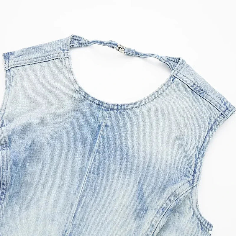 Aiertu  -  Sexy Denim Backless Lace Up Vest Women Slim O-neck Sleeveless Spliced Female Waistcoat Summer Lady Chic Casual Streetwear Aiertu