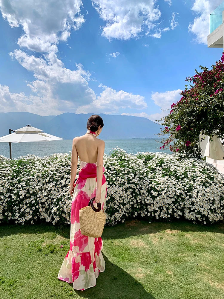 Aiertu  -  Rose Red Halter Neck Backless Long Dress for Women's Summer Seaside Vacation Style Colorful Printed A-line Dress Female Clothes Aiertu