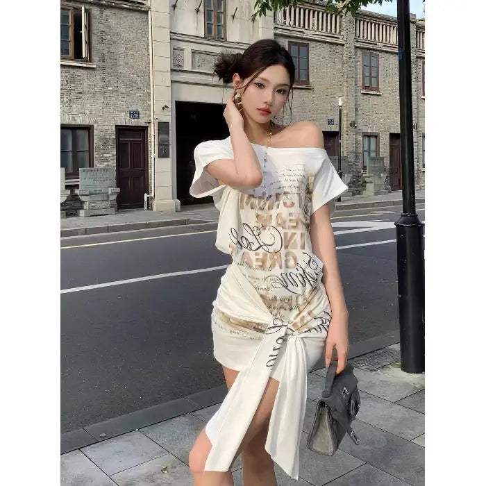 Aiertu  -  Summer Sexy Harajuku Off The Shoulder Mid-length T Shirts American Subcultural Print Slim Dresses Y2k Spliced Lace Up Girl Dress Aiertu