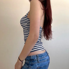 Aiertu  -  Y2K Women Tie Up Front Striped Halter Vest Backless Sexy Casual Fitted Sleeveless Crop Top Summer Fashion Tank Tops Aiertu