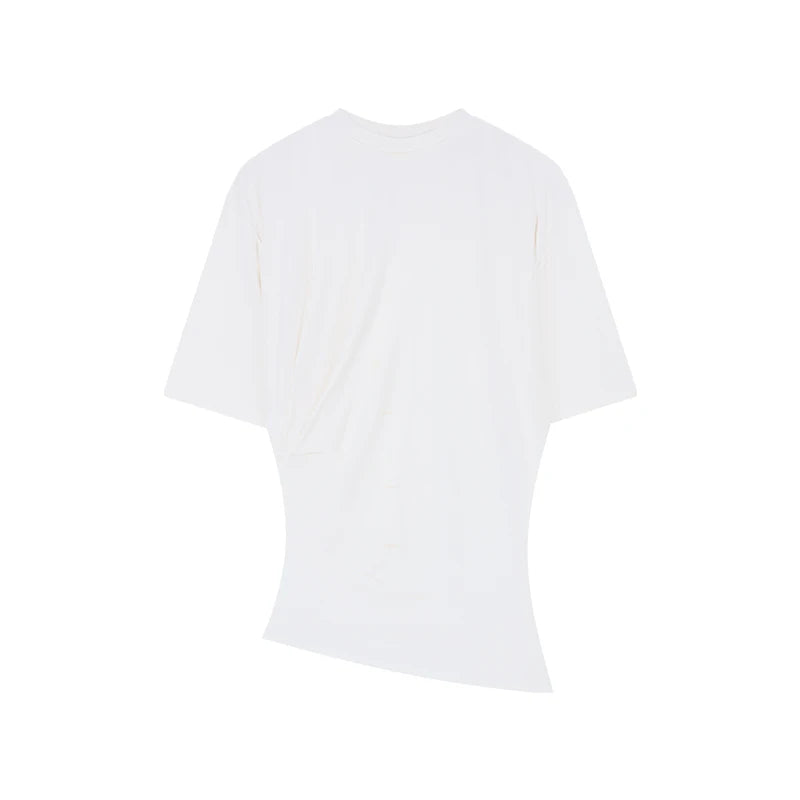 Aiertu  -  O-neck Pleated Asymmetric Casual Short-sleeved T-shirt Women 2026 Summer New High Street Fashion Solid Color All Match Tops Aiertu