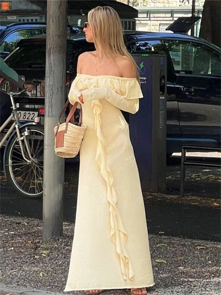 Aiertu  -  Elegant Maxi Dress Tassel Ruffles Women Slash Neck Off Shoulder Full Sleeve Ladies Evening Party Prom Slim Vestidos Aiertu