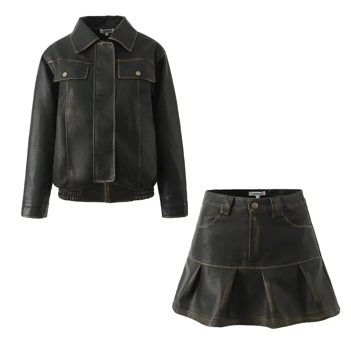 Aiertu  -  Solid Distressed Two-piece Set Women Long Sleeve PU Leather Jackets+Mini Skirts Sets American Vintage Streetwear Outerwear New Aiertu