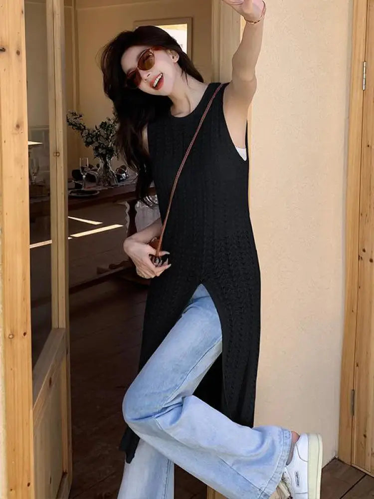 Aiertu  -  Korean Version Women Black Hollow Out Split Long Dress 2024 Summer Round Neck Sleeveless Knitted Vest Dress Casual Trendy Simple Aiertu