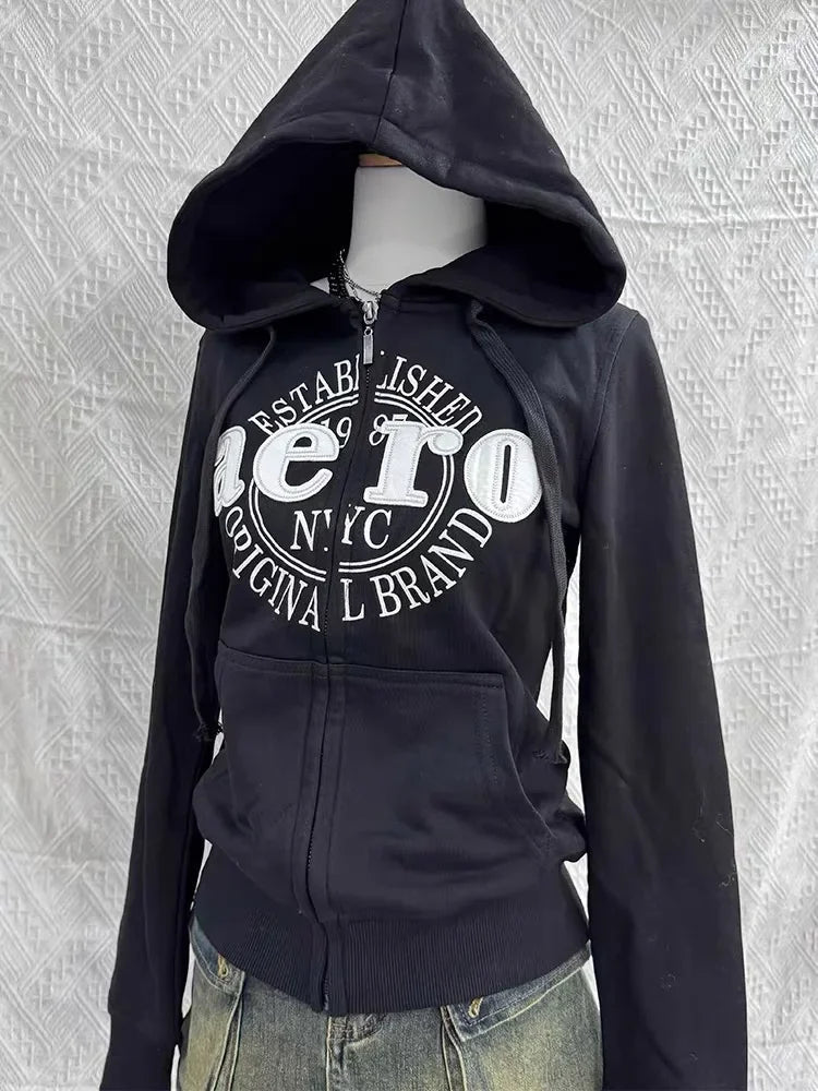 Aiertu  -  Autumn New Y2k Street Letter Embroidered Zipper Hoodie Punk Retro Casual Harajuku Daily Slim Clothes Sports Couple Jacket Aiertu