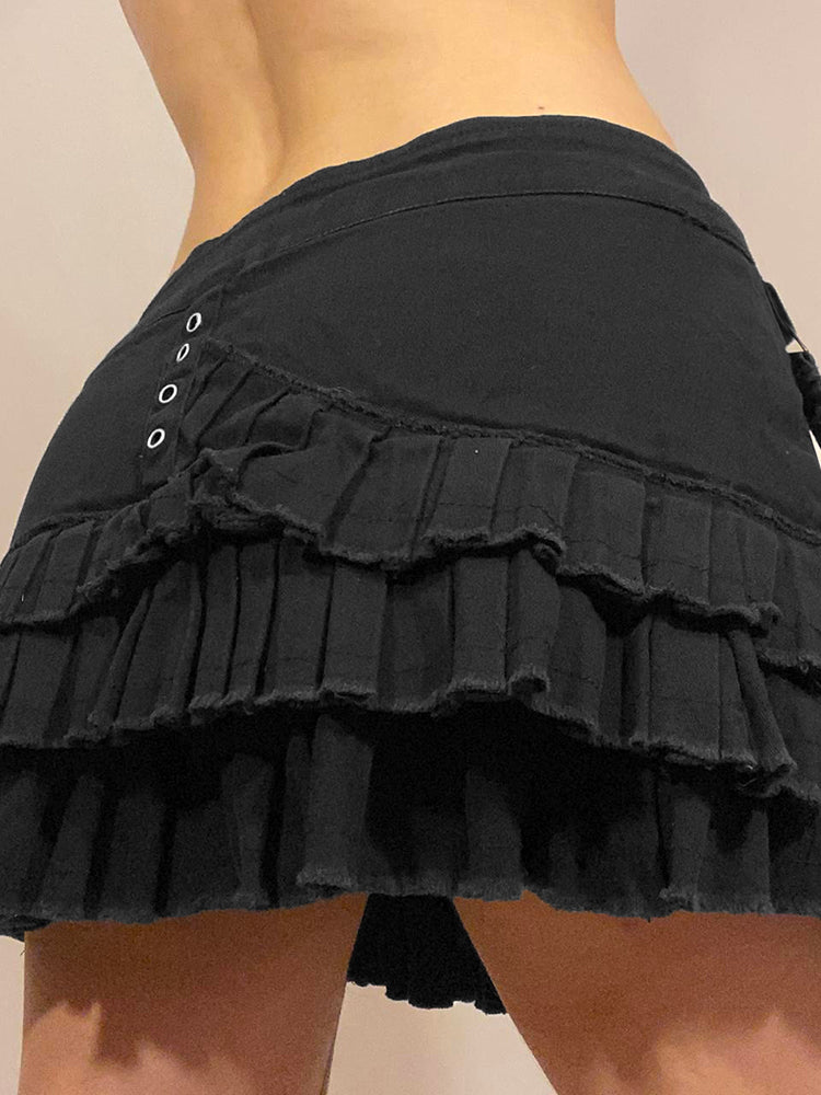 Aiertu - summer inspo Punk Gothic Black Eyelet Ribbon Denim Skirt Women Low Waist Asymmetrical Tiered Pleated Short Jean Skirts Y2K Aiertu