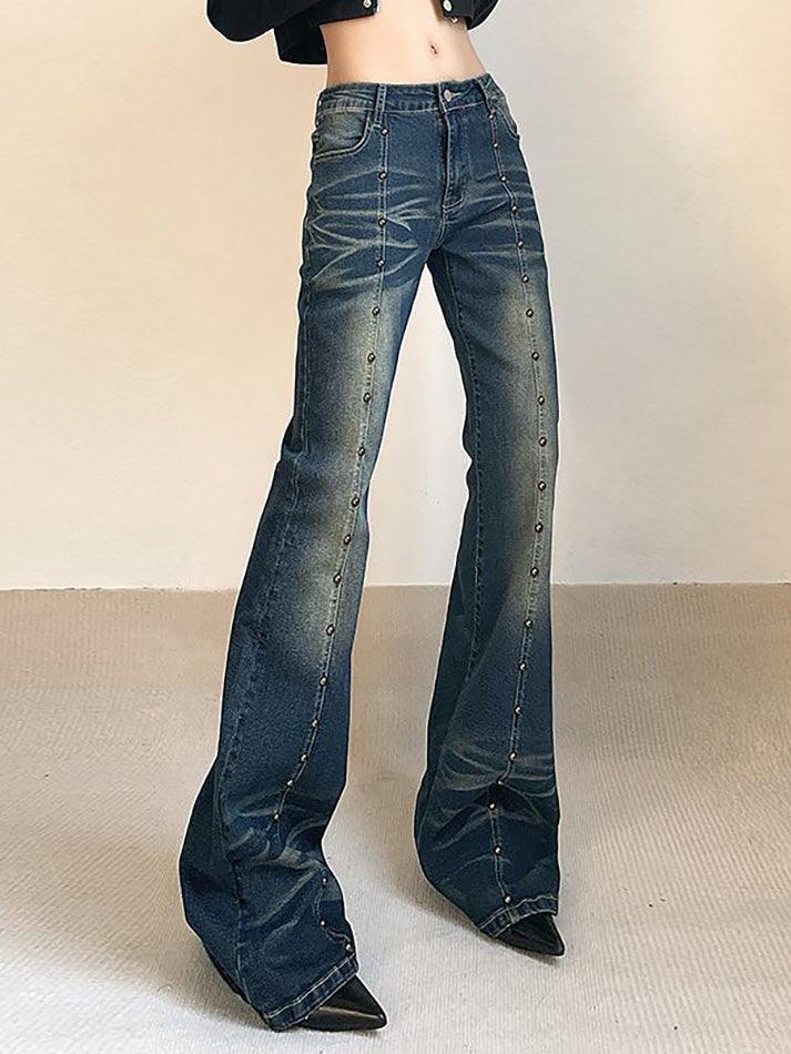 Aiertu  Low Rise Studded Slim-Fit Washed Boot-Cut Jeans Aiertu