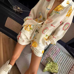 Aiertu  -  Women Fashion Elastic Waist Two Piece Sets Elegant Floral Print Lapel Long Sleeve Top Short Pants Suit Casual Holiday Outfits Aiertu