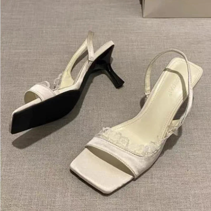 Aiertu  -  Square Toe Women Sandals High Heels Shoes Lace Slingback Elegant Shoes Trend Summer Pumps Dress Slippers Designer Sandalias Aiertu