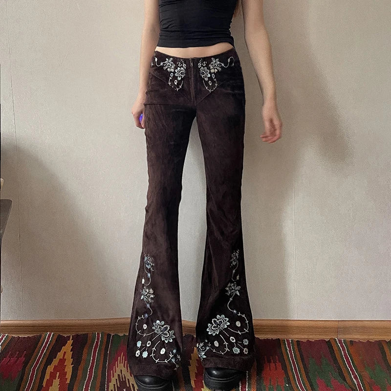 Aiertu  -  Vintage Brown Plant Embroidery Flare Jeans Y2K Women Aesthetic Low Waisted Zipper Denim Trousers Slim Boot Cut Pants Aiertu