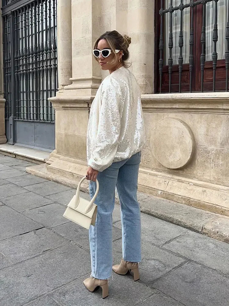 Aiertu  -  Shinny Sequins Loose Short Jacket Women Elegant O Neck Long Sleeve Zipper Cropped Coat Autumn Chic Lady Commuting Street Outwear Aiertu