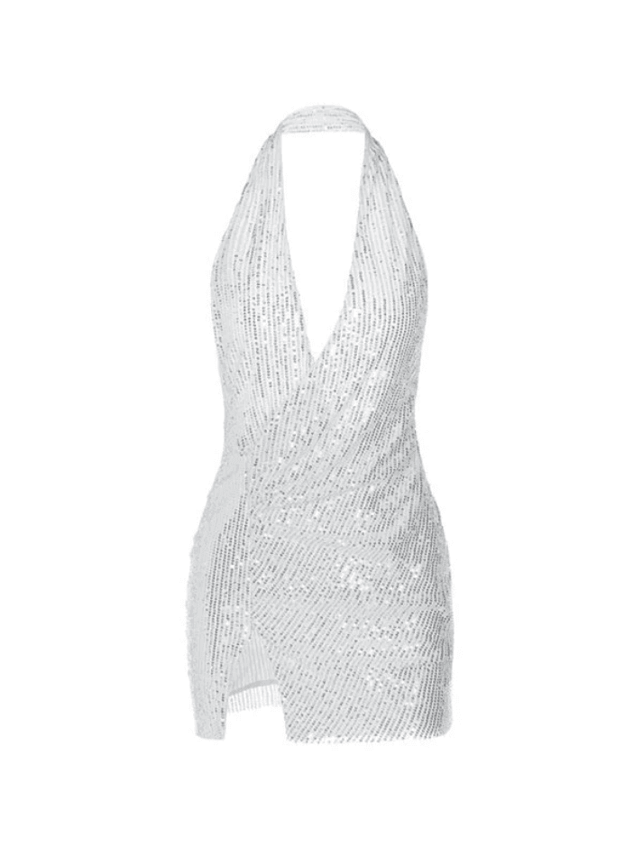 Aiertu  -Split Sequin Halter Party Mini Dress aiertu
